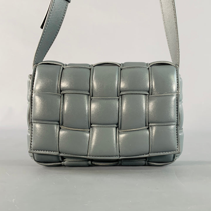 BOTTEGA VENETA Mini Padded Cassette Grey Woven Lambskin Leather Crossbody Handbag
