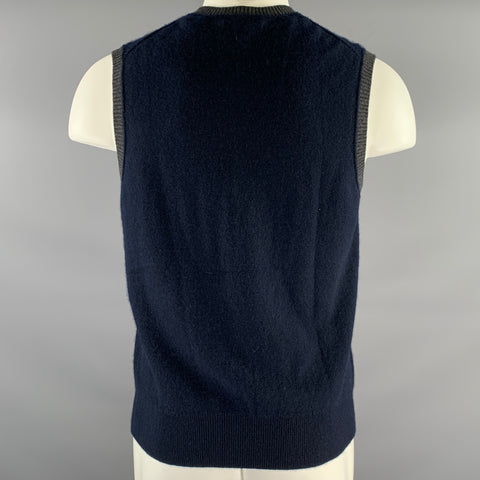 VINCE Size M Navy Grey Cashmere V-Neck Sweater Vest