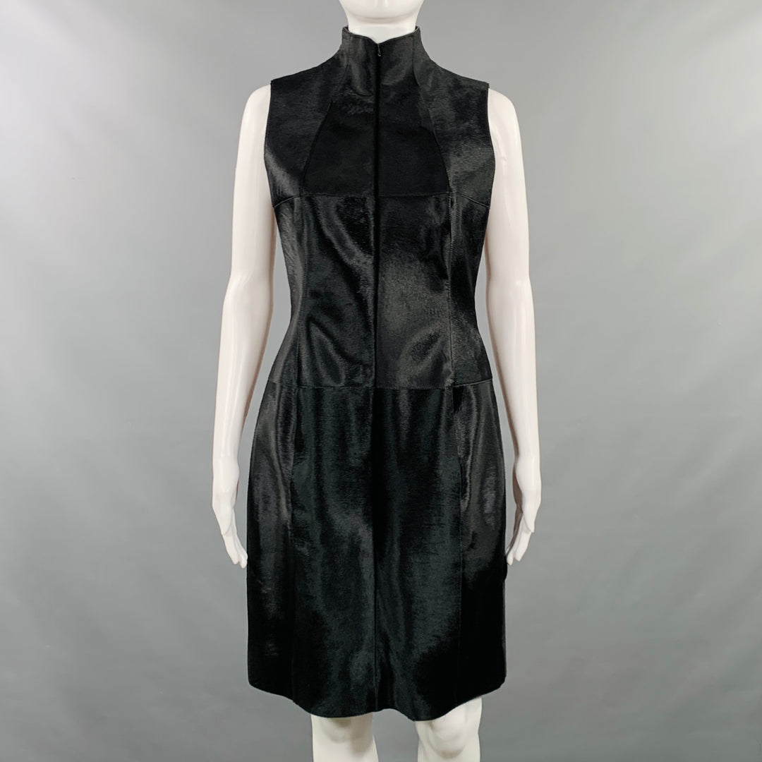 AKRIS 6 Black Pony Hair Leather Sleeveless Pleated Back High Neck Cocktail Dress AKRIS 6 Black Pony Hair Leather Sleeveless Pleated Back High Neck Cocktail Dress