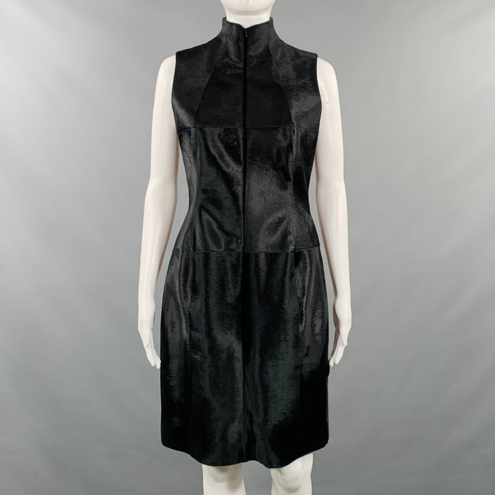 AKRIS 6 Black Pony Hair Leather Sleeveless Pleated Back High Neck Cocktail Dress