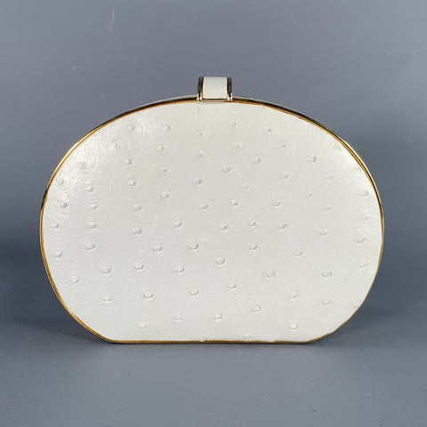 VINTAGE White Gold Ostrich Leather Round Clutch
