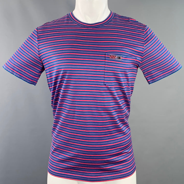 LANVIN Size M Red Blue Purple Stripe Cotton Crew Neck T-shirt