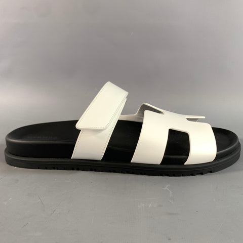 HERMES Size 9 White Black Leather Sandals