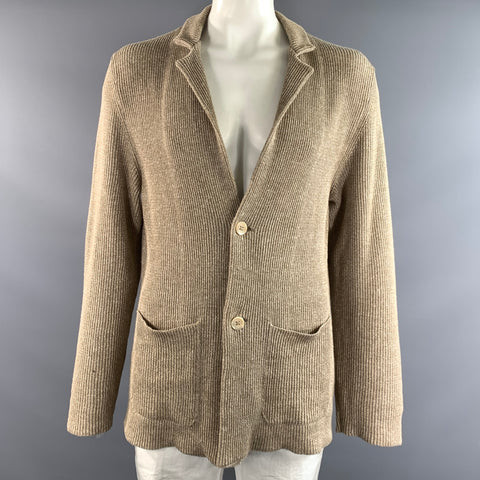 ISAIA Size XXL Tan Khaki Cable Knit Linen Wool Chore Jacket