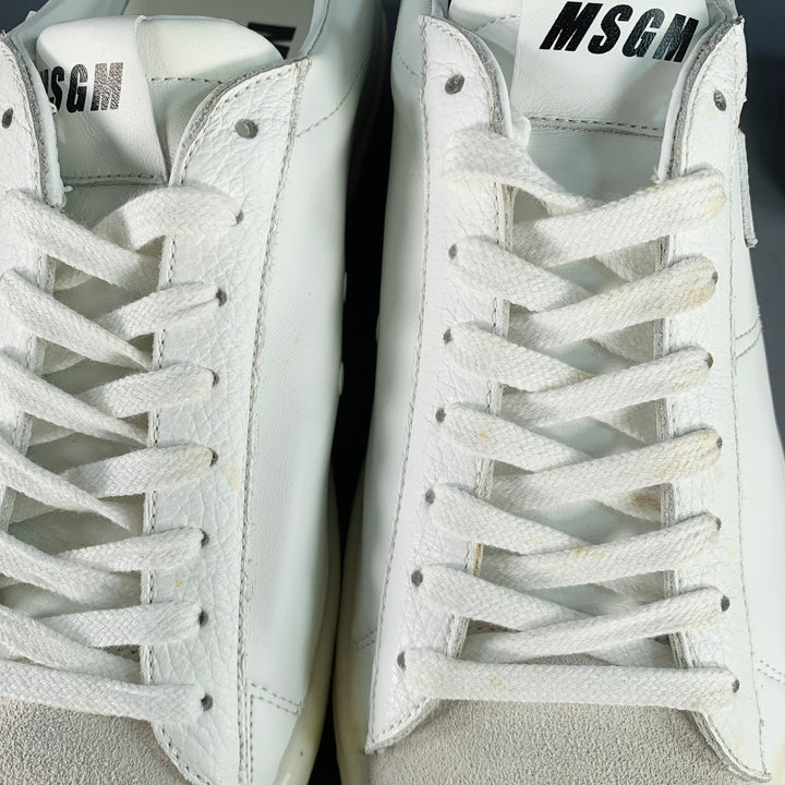 MSGM Size 8 White Leather Suede Trim Lace-Up Low Top Sneakers