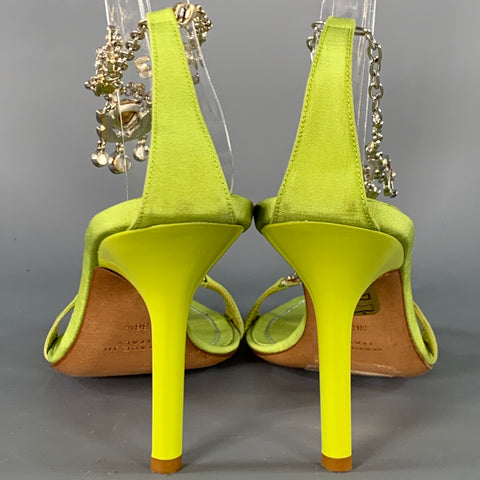 RENE CAOVILLA Size 6.5 Green Chartreuse Silk Rhinestones Strappy Sandals