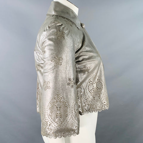 EMILIO PUCCI Size 10 Silver Perforated Leather Peter Pan Collar Single Button Jacket Blazer
