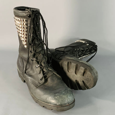 RO SEARCH Vintage Size 11 Black Silver Studded Leather Lace-Up Military Boots
