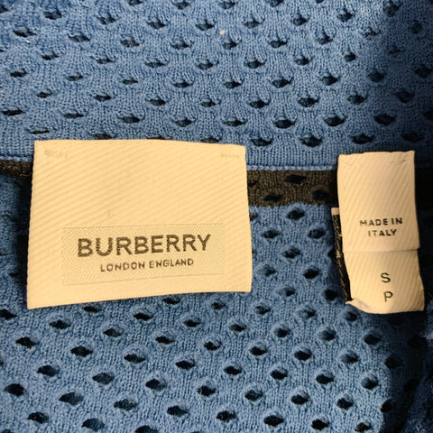 BURBERRY Size S Blue Black White Stripe Stretch Polyamide Mesh Camp Short Sleeve Shirt