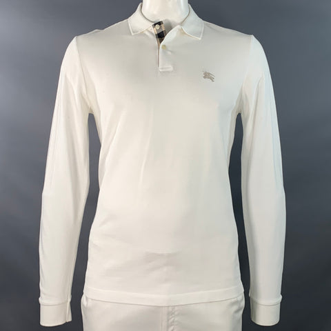 BURBERRY BRIT Size L White Embroidery Cotton Pique Contrast Trim Long Sleeve Polo