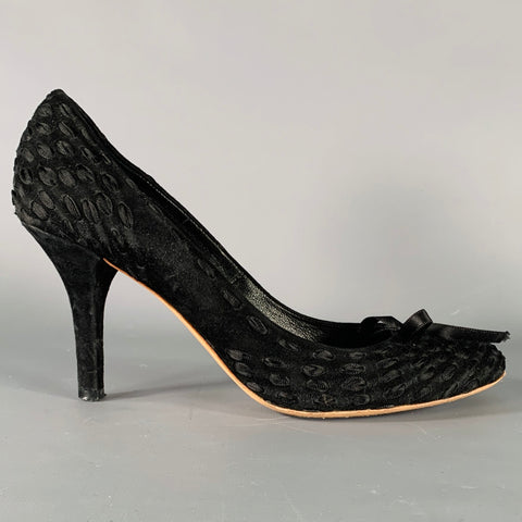 CHLOE Size 8.5 Black Suede Woven Ribbon Bow Heels Pumps