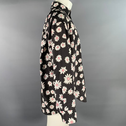 BALENCIAGA Size S Black & White Pink Floral Polyester Long Sleeve Shirt