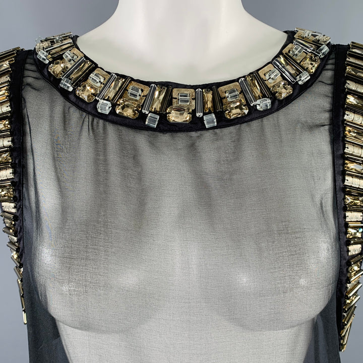 ALLSAINTS Size 8 -Josselin- Black Silver Silk Hand Beaded Shift Knee Length Dress