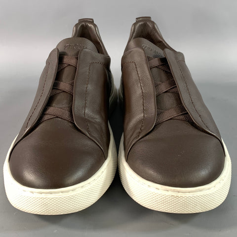 ZEGNA Size 9 Brown Pebble Grain Leather Slip On Sneakers