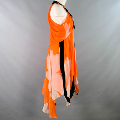 SONIA RYKIEL Size M Orange Black Silk Abstract Sleeveless Velvet Trim Asymmetrical Midi Dress