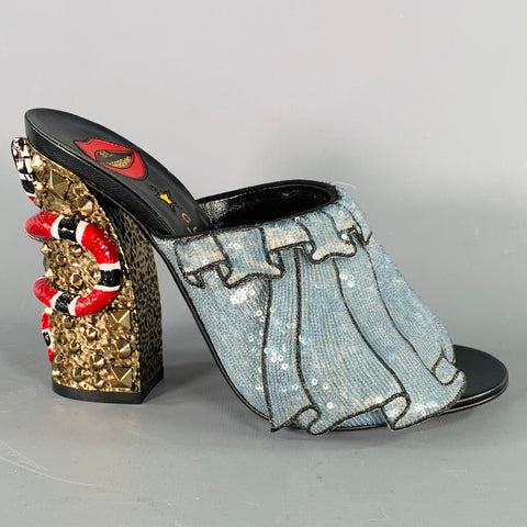 GUCCI Size 8 Trompe L'oeil Blue Red Gold Beaded Mules Sandals