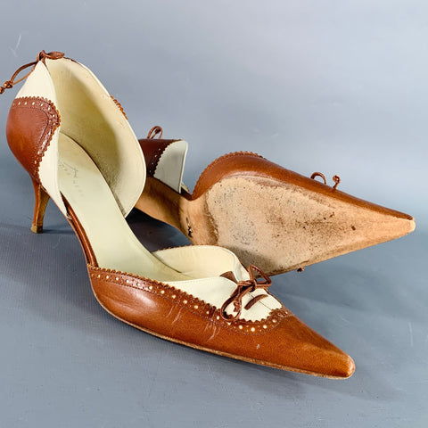 ALEXANDRA NEEL Size 7 Brown Cream Perforated Pointed Toe D'Orsay Kitten Heel Pumps