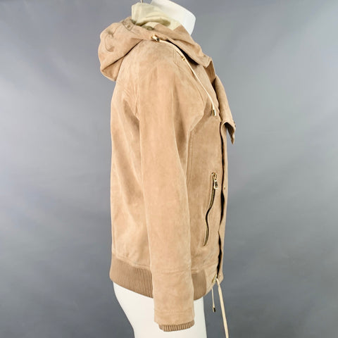 BALMAIN PE16 Veste en daim de veau beige à capuche et boutons-pression asymétriques Taille S