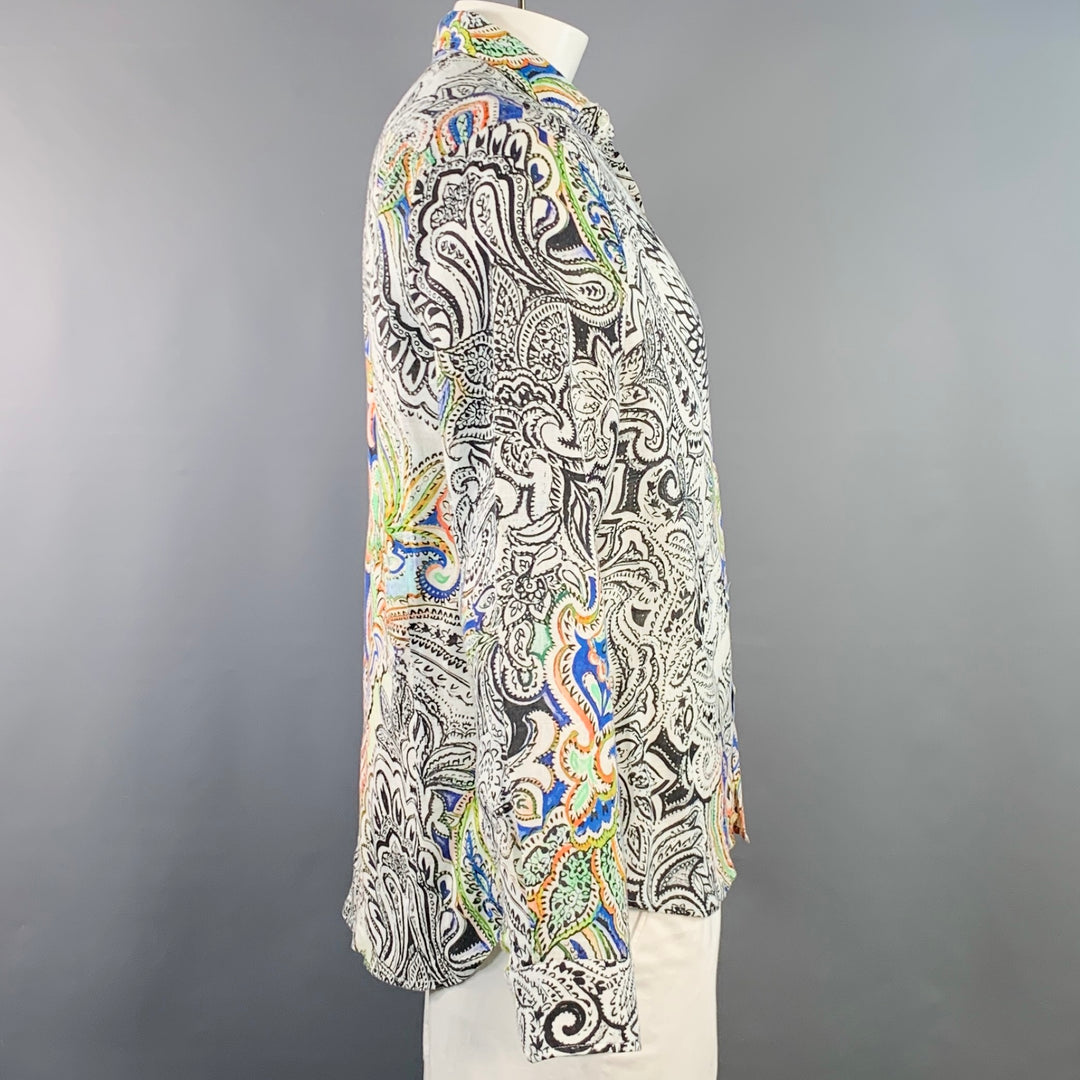 ETRO Size L White Abstract Floral Linen Cutaway Long Sleeve Shirt