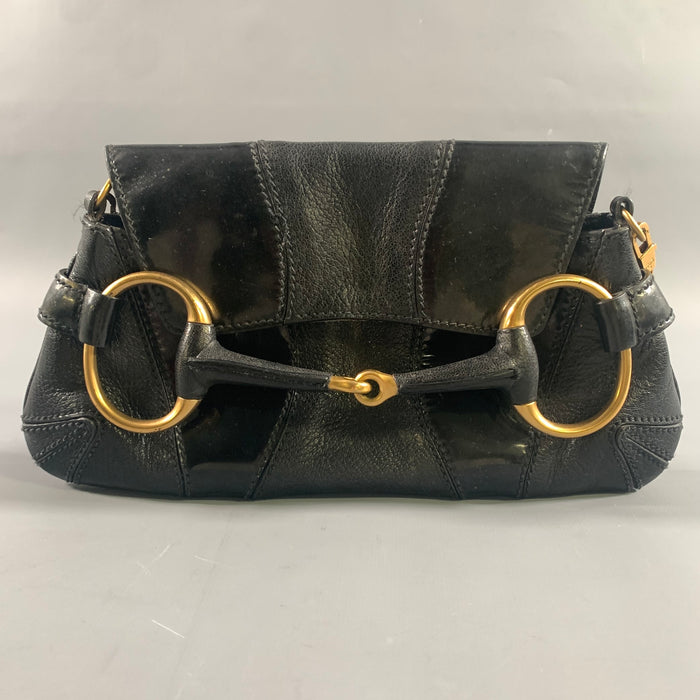 GUCCI Black Gold Horsebit Leather Clutch Shoulder Handbag