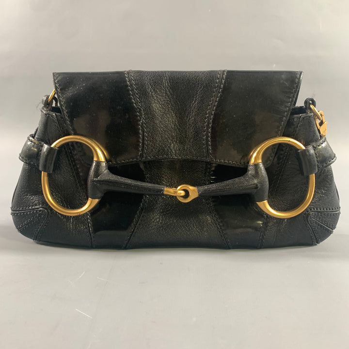 GUCCI Black Gold Horsebit Leather Clutch Shoulder Handbag