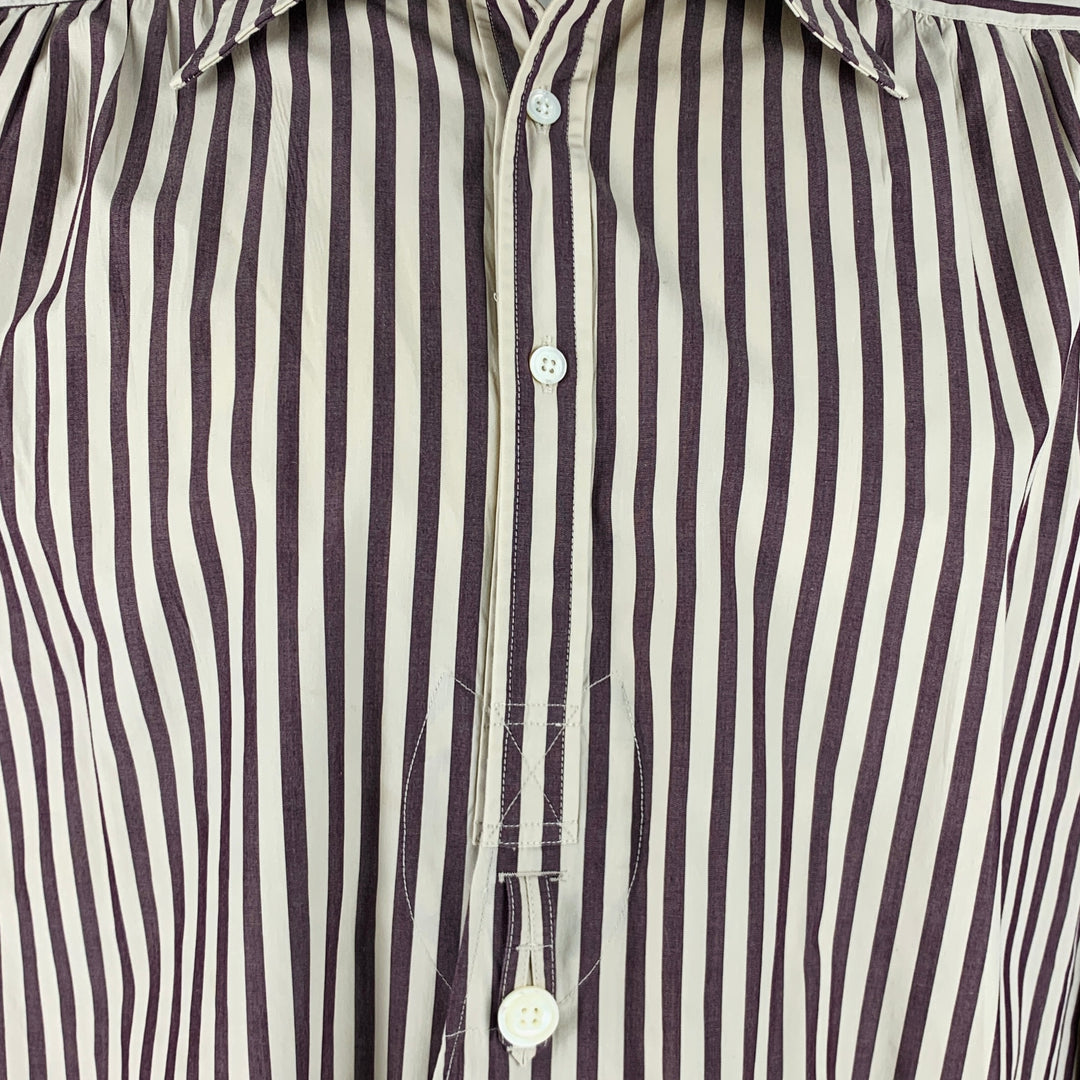 AGUJAS Talla XL Camisa de manga larga con tapeta larga de algodón a rayas color crema marrón