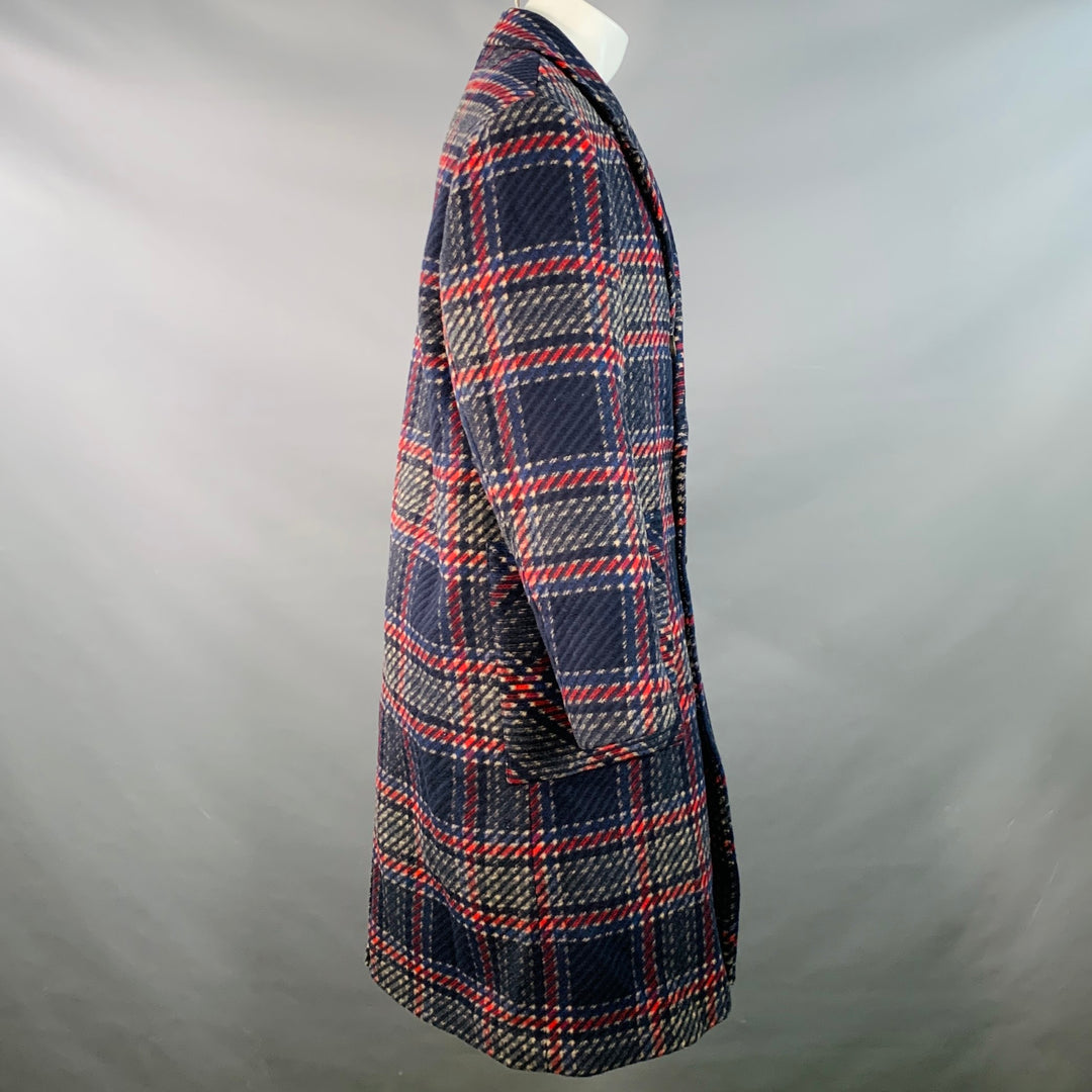 KITH Size S Royce Navy Red Beige Wool Blend Plaid Double Breasted Coat