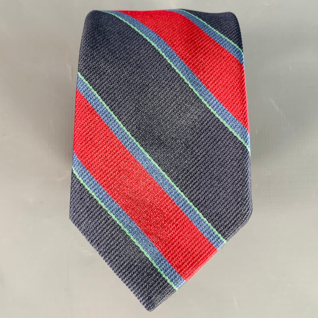 BAND OF OUTSIDERS Navy Red Green Diagonal Stripe Silk Skinny Tie