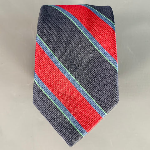 BAND OF OUTSIDERS Navy Red Green Diagonal Stripe Silk Skinny Tie