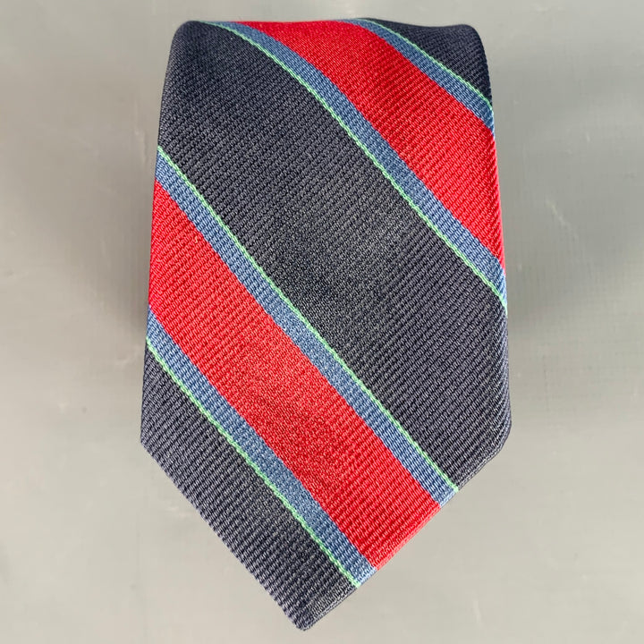 BAND OF OUTSIDERS Navy Red Green Diagonal Stripe Silk Skinny Tie