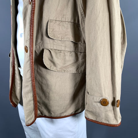 KAPITAL Size XL Khaki Cotton Hemp Leather Trim Notch Lapel Jacket