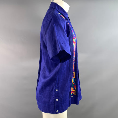 NATIVA Size S Purple Multi Color Embroidery Linen Guayabera Short Sleeve Shirt