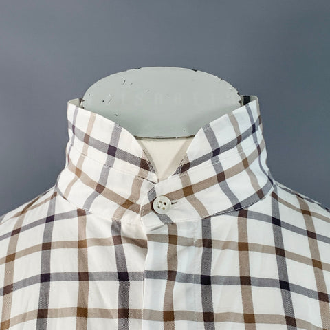 ESKANDAR Size L White Brown Cotton Grid Oversized Hidden Buttons Shirt