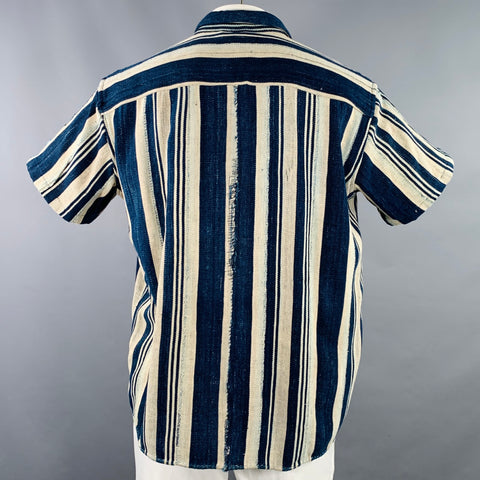 BODE Size XL Blue Beige Stripe Cotton One Pocket Short Sleeve Shirt