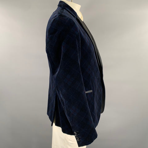 ARMANI COLLEZIONI Size 48 Navy Black Plaid Velvet Tuxedo Sport Coat