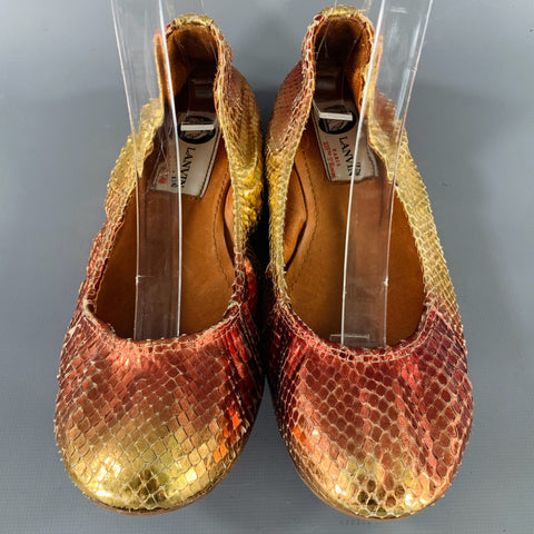 LANVIN Size 6.5 Gold Pink Snake Skin Ballet Flats