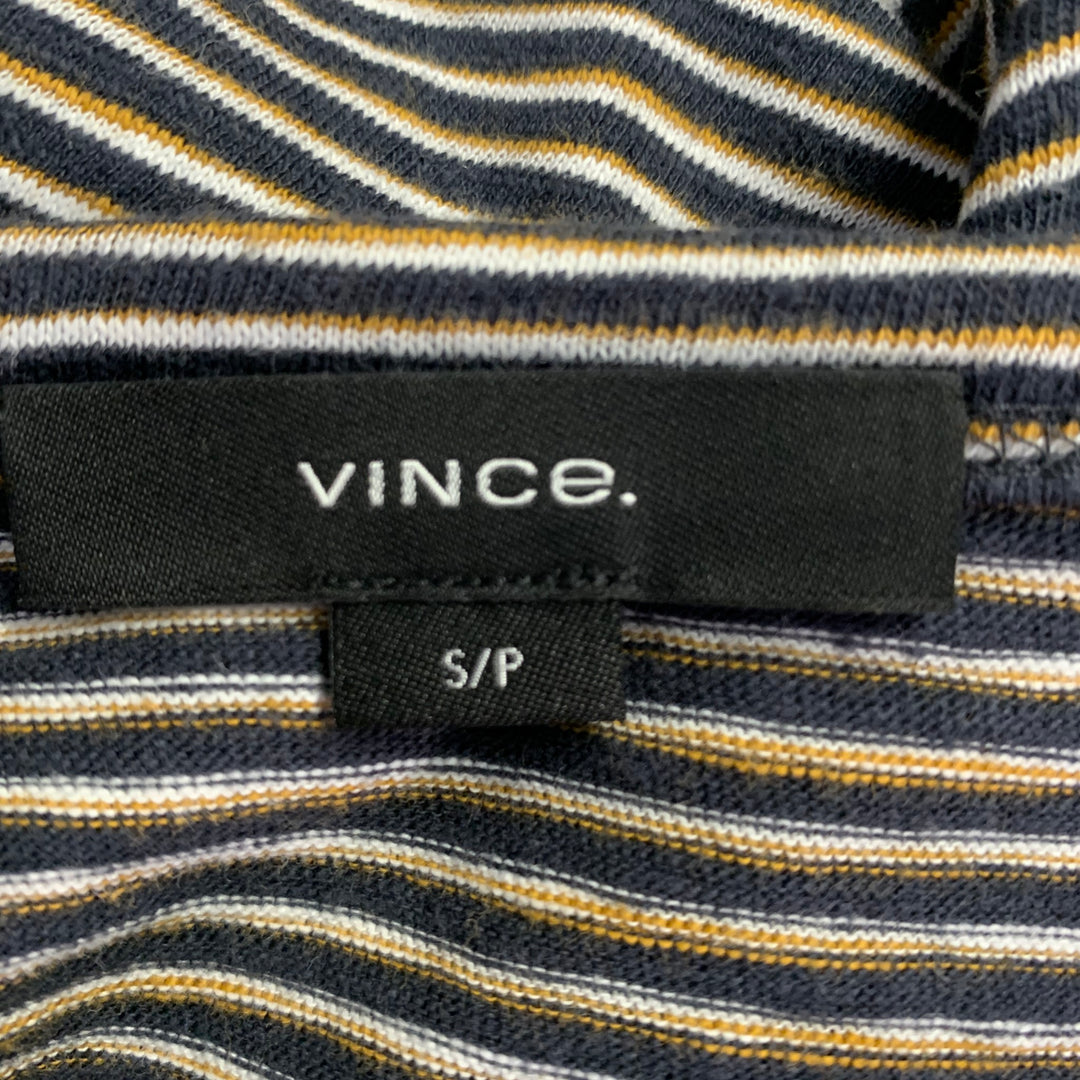 VINCE Size S Navy Yellow & White Stripe Cotton Open Collar Pullover