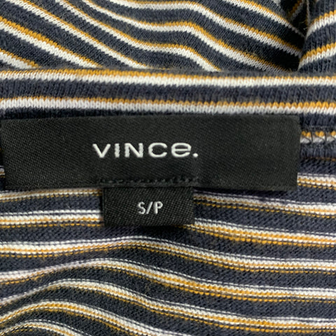VINCE Size S Navy Yellow & White Stripe Cotton Open Collar Pullover