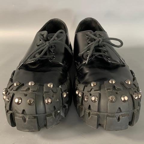 PRADA FW2019 Size 9 Black Gunmetal Studded Leather Cap Toe Lace Up Shoes