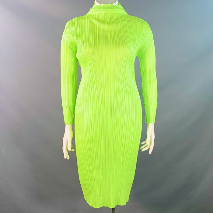 ISSEY MIYAKE PLEATS PLEASE Size L Neon Green Polyester Pleated Shift Dress
