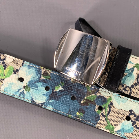 GUCCI Size 34 Blue Grey Floral Canvas Belt