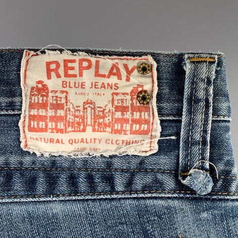 REPLAY Size 32 Blue Contrast Stitch Cotton Blend Straight Jeans