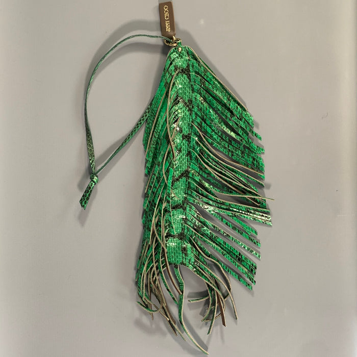 JIMMY CHOO Green Brown Snakeskin Leather Fringed Charm