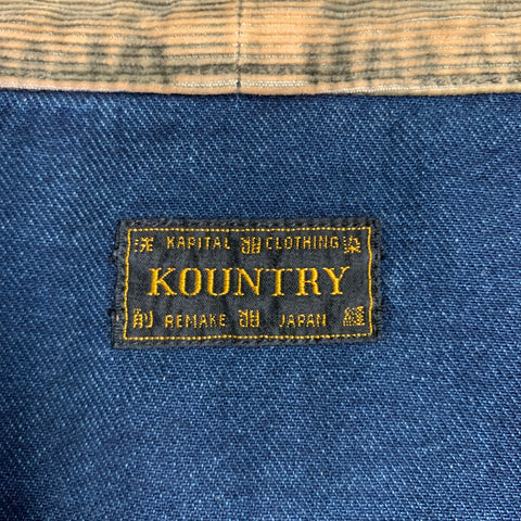 KOUNTRY Size XL Blue Tan Patch Cotton Blend Embroidered Cardigan