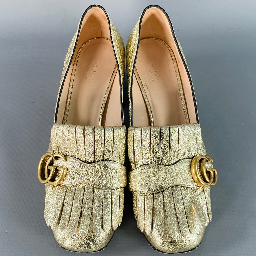 GUCCI Size 7.5 Metallic Gold Leather Textured Eyelash Fringed Pumps