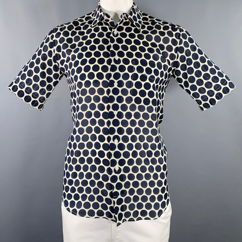 SANDRO Size M Navy Off White Polka Dot Lyocell Blend Short Sleeve Shirt