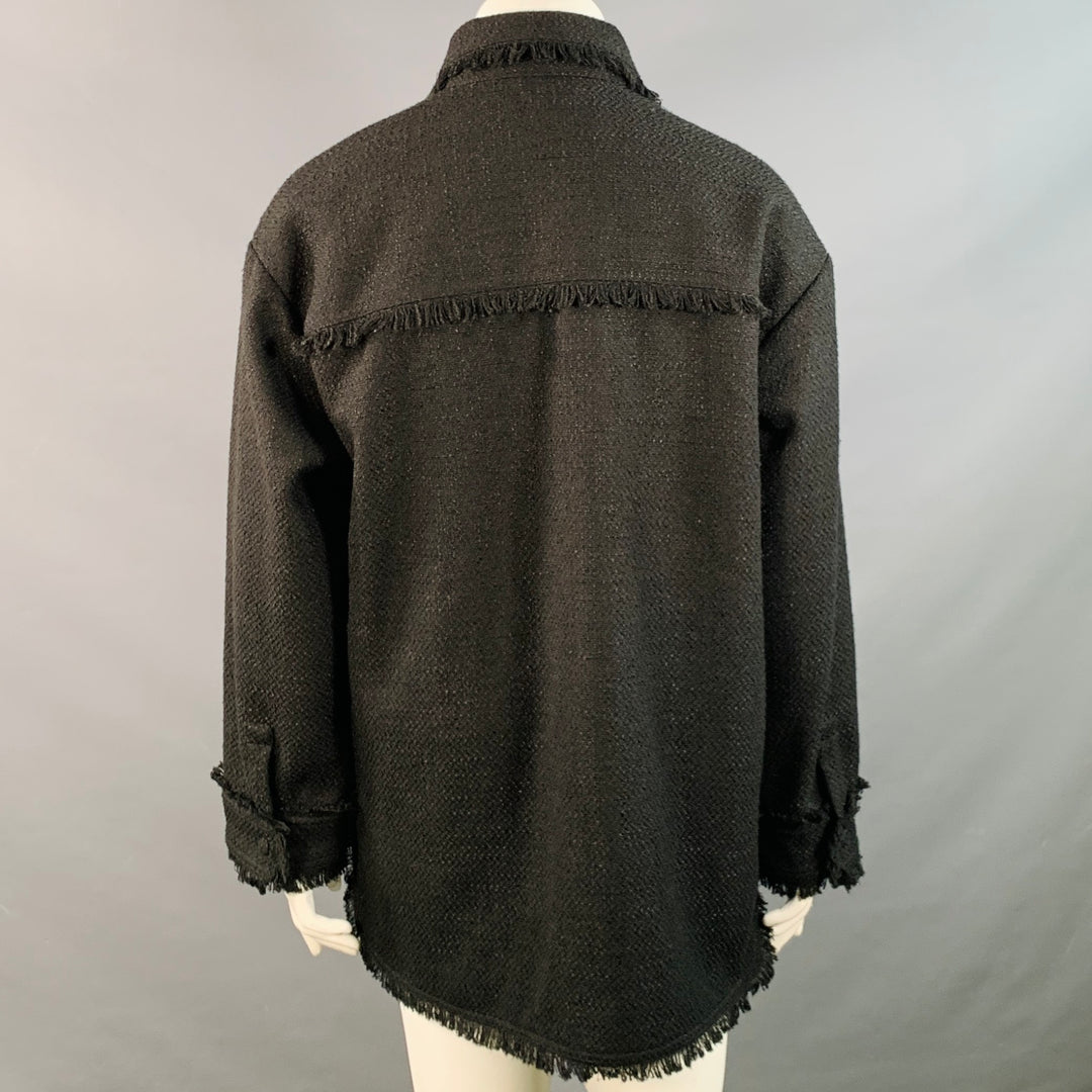 APPARIS Size XL Black Polyester Tweed Patch Pockets Fringed Coat