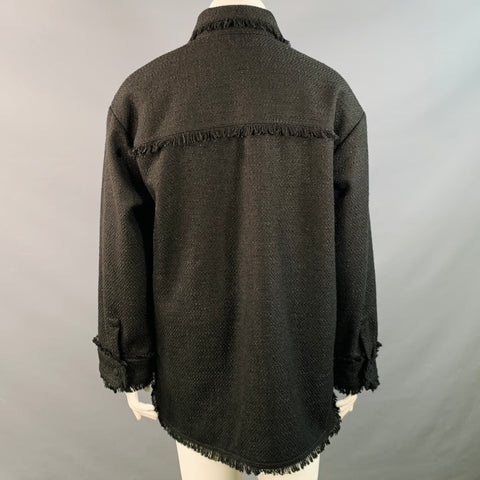 APPARIS Size XL Black Polyester Tweed Patch Pockets Fringed Coat