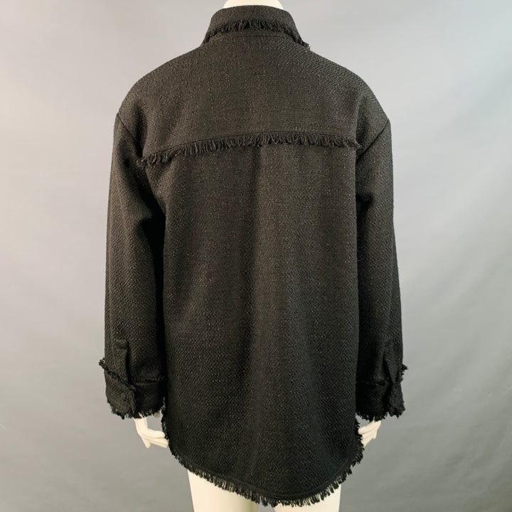 APPARIS Size XL Black Polyester Tweed Patch Pockets Fringed Coat