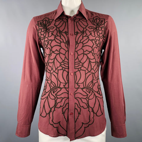 JUST CAVALLI Size L Burgundy Black Embroidery Cotton Silk Long Sleeve Shirt